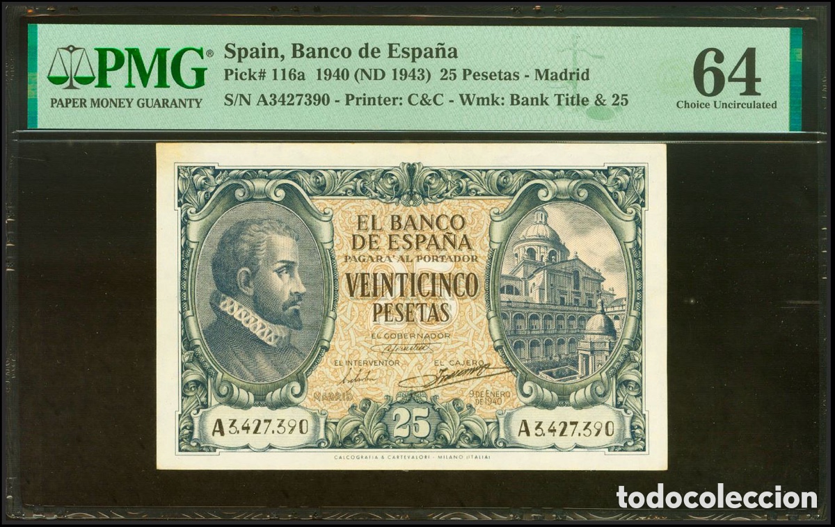 Billetes espa&ntilde;oles: Billete 25 Pesetas 1940 PMG 64 Serie A