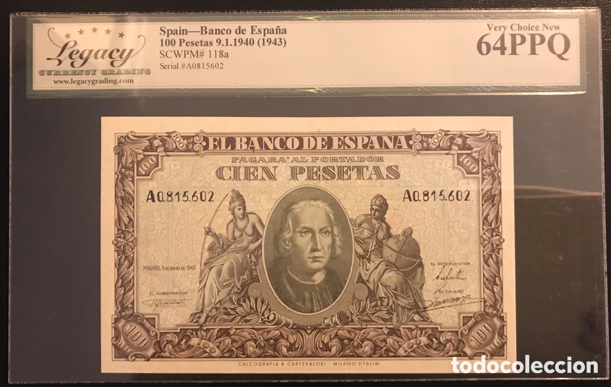 Billetes espa&ntilde;oles: Billete 100 Pesetas 1940 Legacy 64 EPQ Serie A