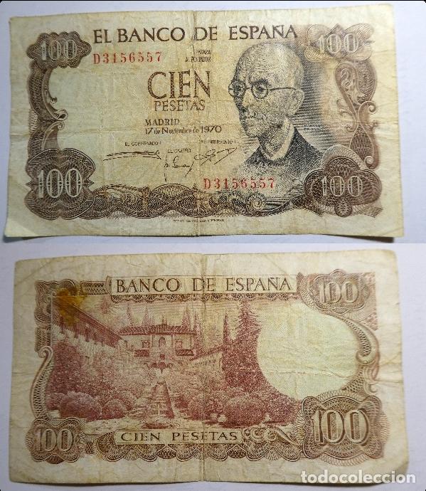 Billetes espa&ntilde;oles: Billete de 100 Pesetas 1970. Manuel de Falla , circulado