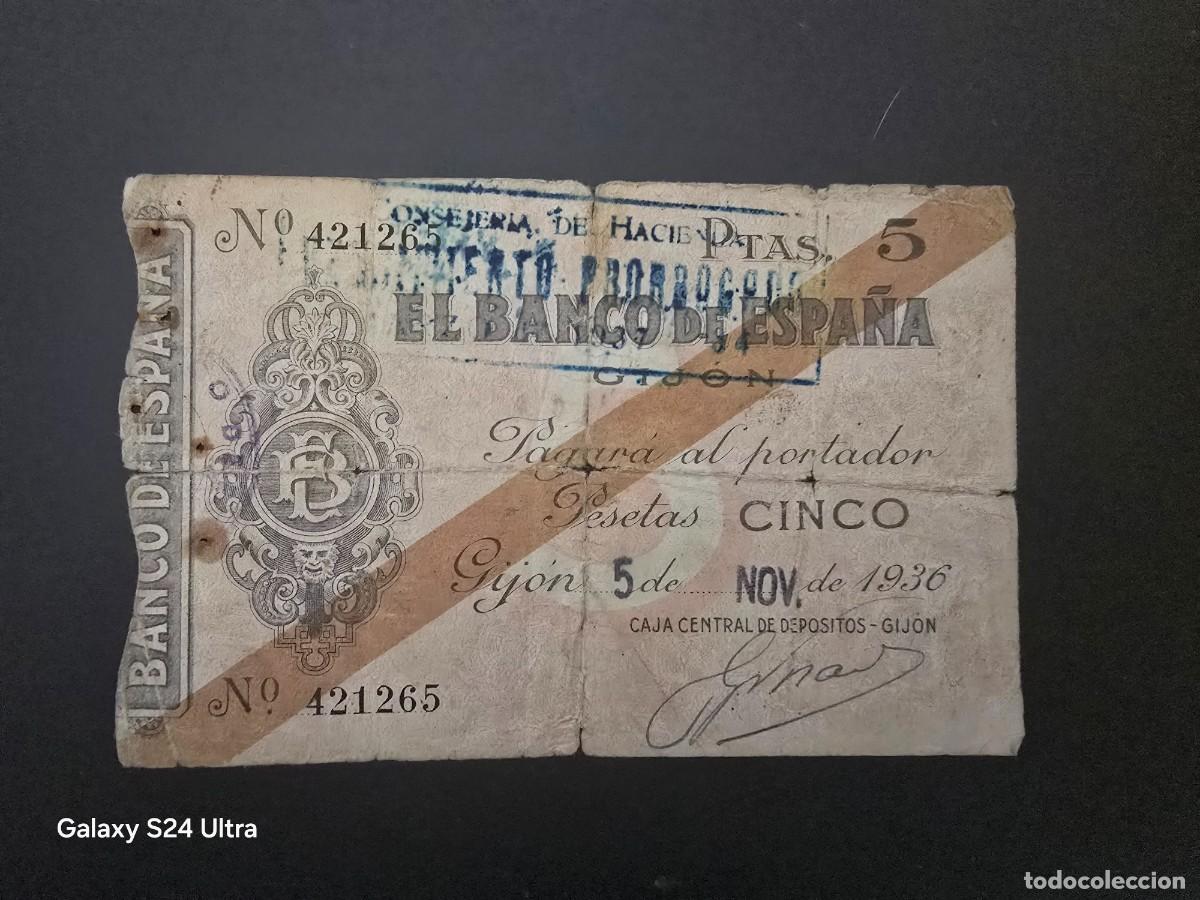Billetes espa&ntilde;oles: 5 PESETAS DE 1936......BANDO DE ESPA&Ntilde;A EN GIJON.....MUY ESCASO.....ES EL DE LAS FOTOS
