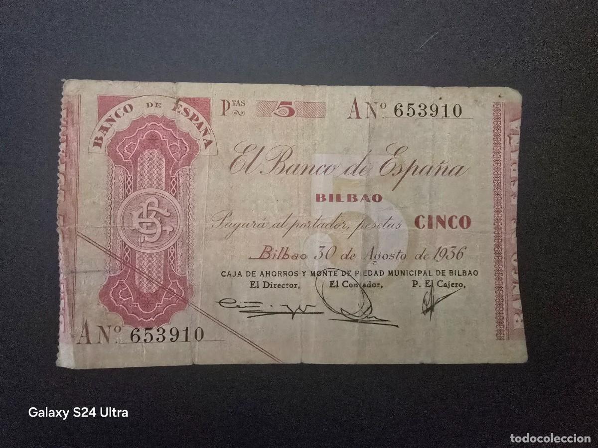 Billetes espa&ntilde;oles: 5 PESETAS DE 1936......BANCO DE ESPA&Ntilde;A EN BILBAO.....MUY ESCASO.....ES EL DE LAS FOTOS