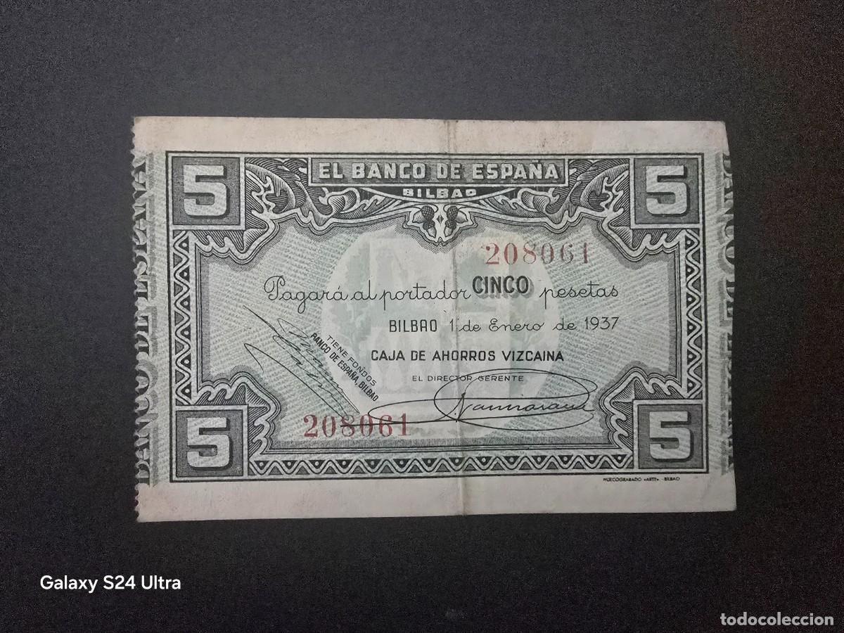 Billetes espa&ntilde;oles: 5 PESETAS DE 1937......BANCO DE ESPA&Ntilde;A EN BILBAO.....PRECIOSO ....ES EL DE LAS FOTOS