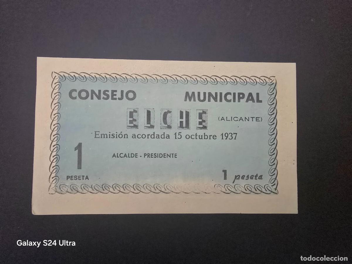 Billetes espa&ntilde;oles: 1 PESETA DE 1937.....CONSEJO MUNICIPAL DE ELCHE .....MUY BONITO .....ES EL DE LAS FOTOS