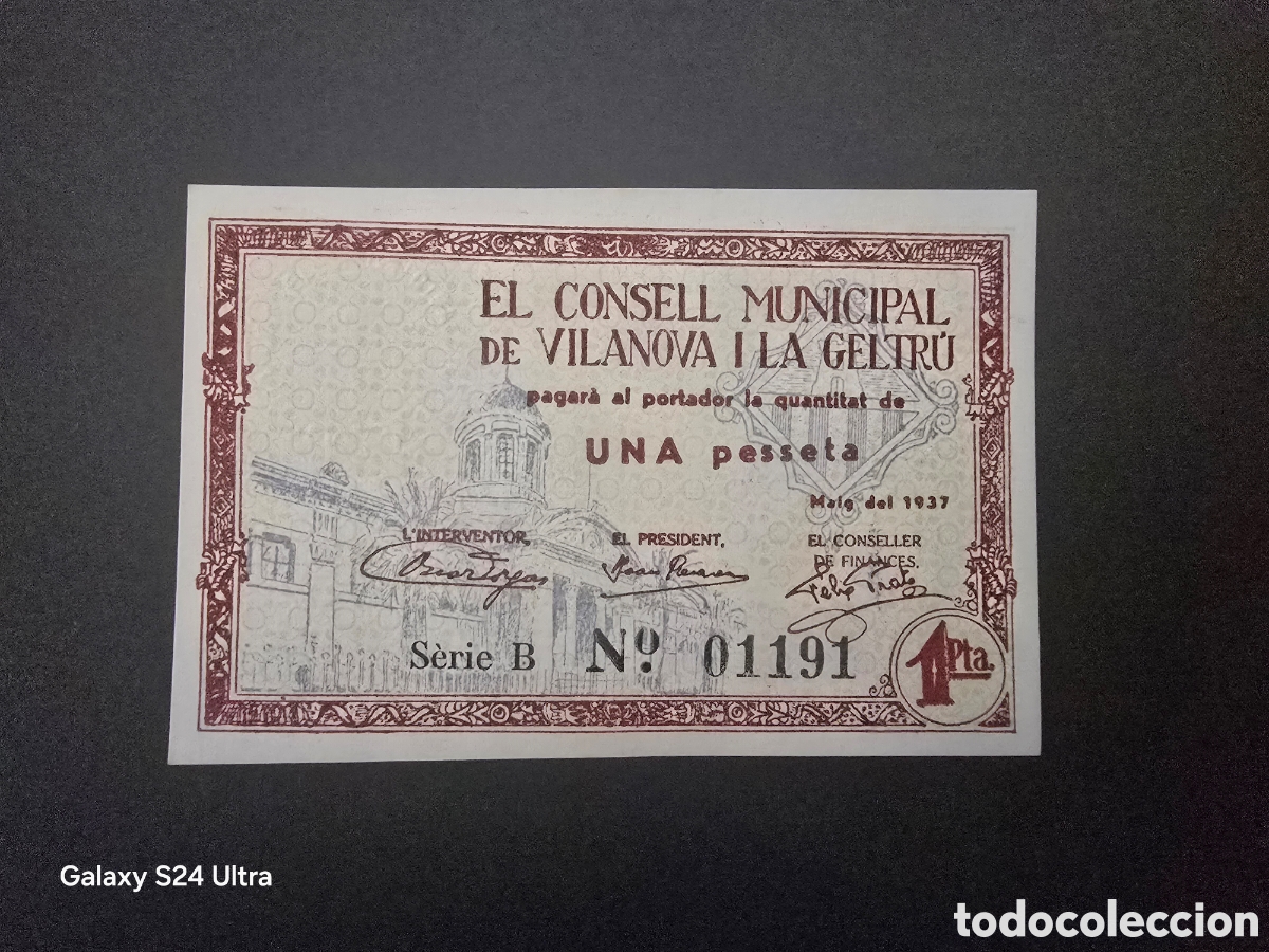 Billetes espa&ntilde;oles: 1 PESETA DE 1937.....CONSEJO MUNICIPAL DE VILANOVA I LA GELTRU...SIN CIRCULAR ....ES EL DE LAS FOTOS