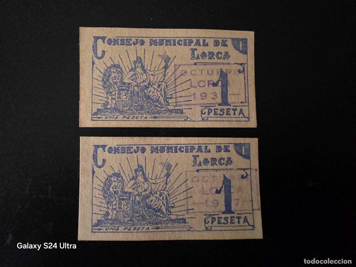 Billetes espa&ntilde;oles: LOTE DE 2 BILLETES DE 1 PESETA DE 1937....CONSEJO MUNICIPAL DE LORCA....PRECIOSOS... EL DE LAS FOTOS