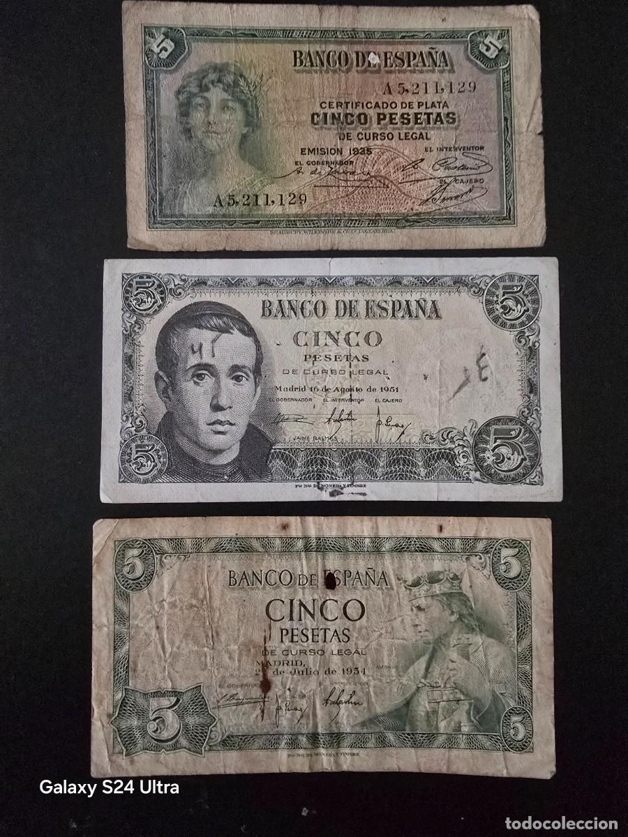 Billetes espa&ntilde;oles: LOTE DE 3 BILLETES DISTINTOS DE 5 PESETAS....DISTINTAS CONSERVACIONES... EL DE LAS FOTOS