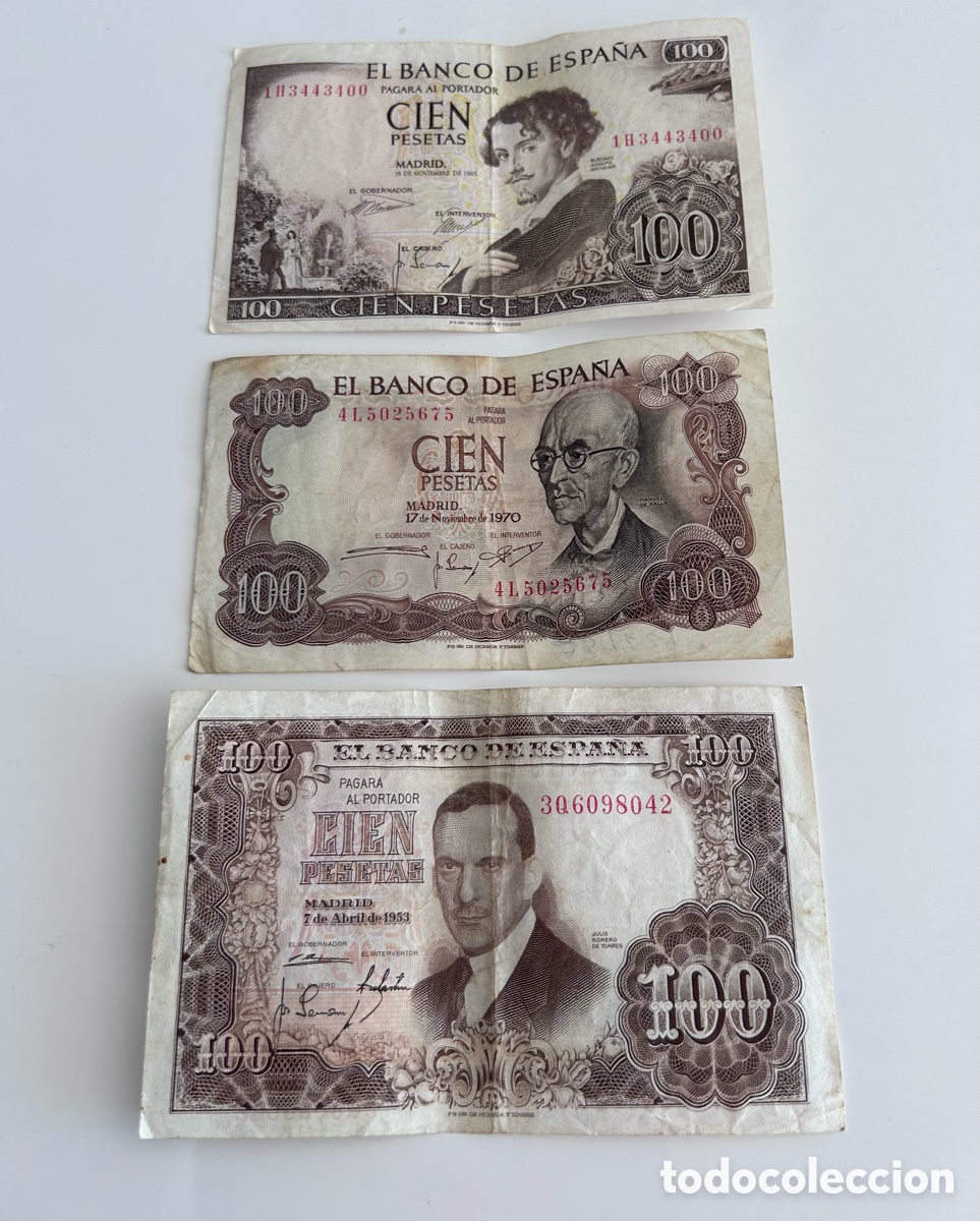 Spanish Banknotes: LOTE 3 BILLETES 100 PESETAS. 1953. 1965. 1970. CIRCULADOS