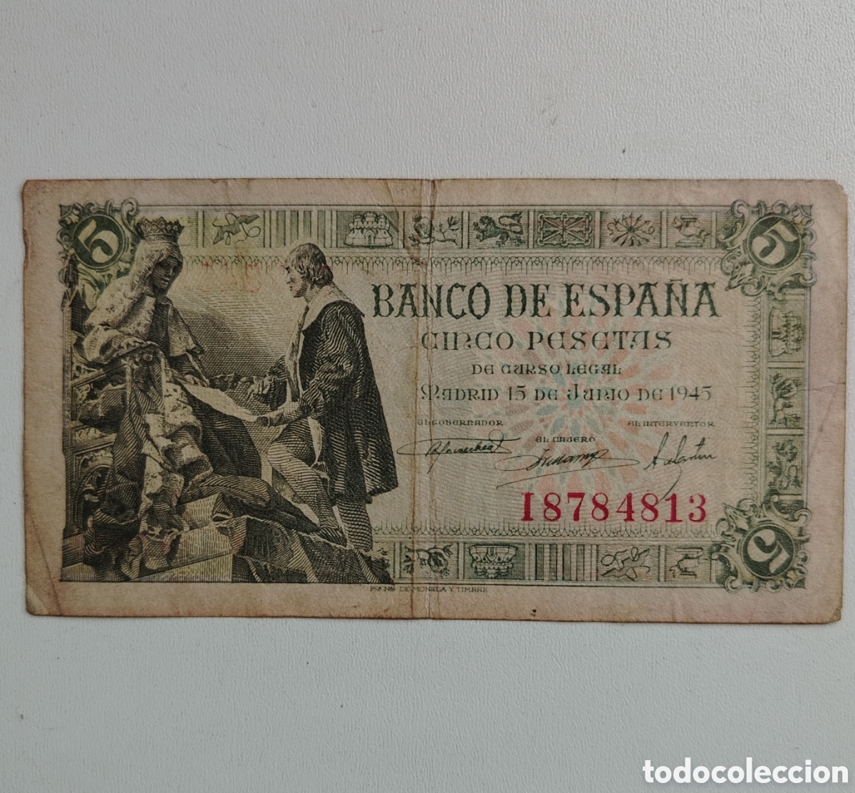 Billetes espa&ntilde;oles: Billete 5 pesetas 1945 serie I, esta usado bast.