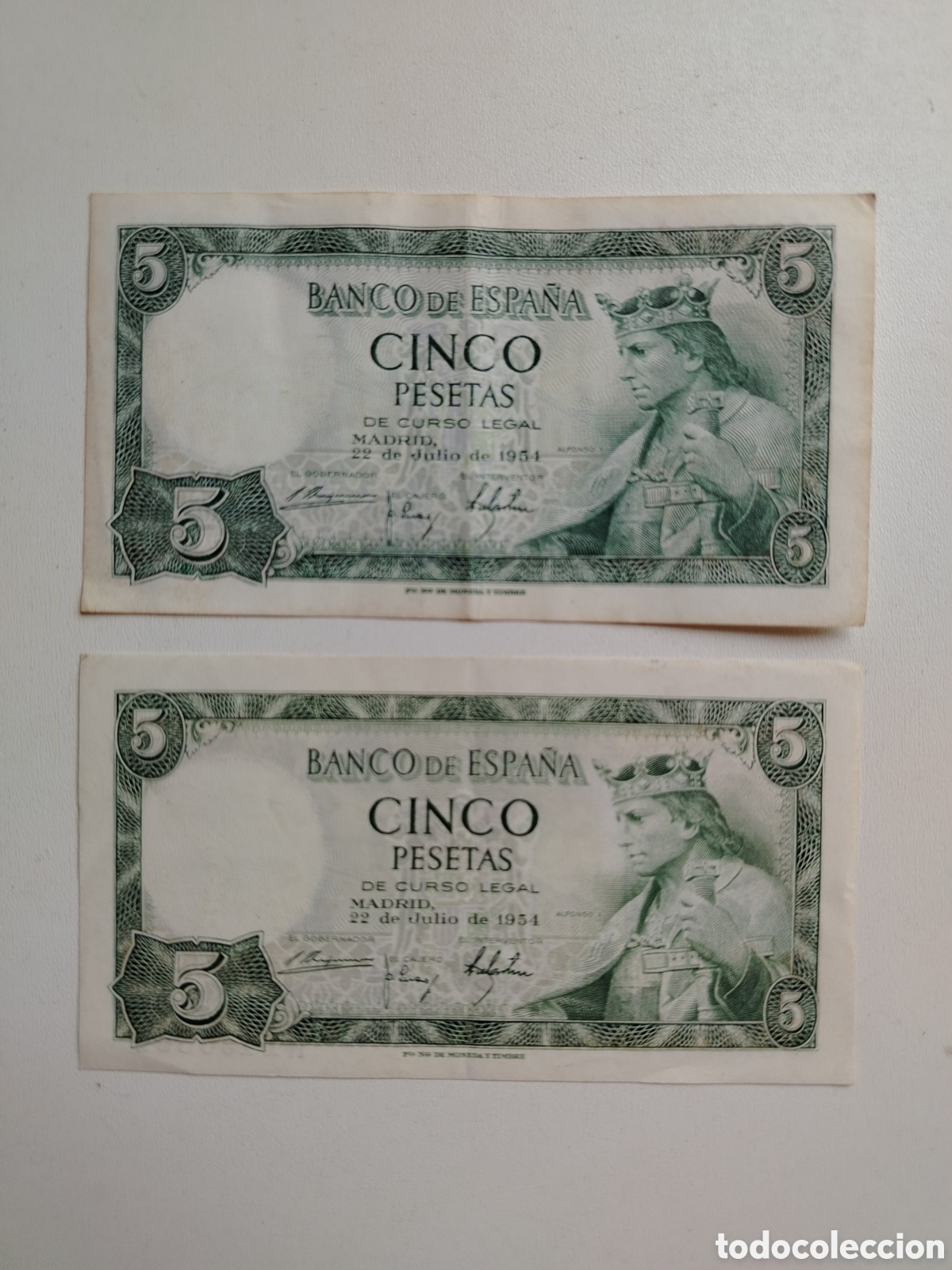 Billetes espa&ntilde;oles: 2 billetes de 5 pesetas 1954