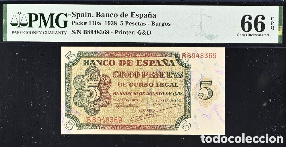Billetes espa&ntilde;oles: Billete 5 PESETAS 1938 -BURGOS- PMG 66 EPQ, serie B