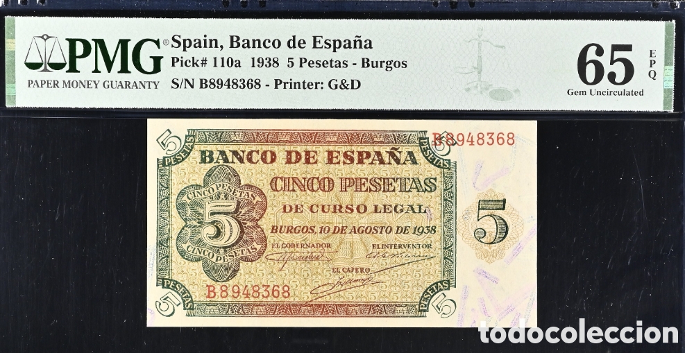 Billetes espa&ntilde;oles: Billete 5 PESETAS 1938 -BURGOS- PMG 65 EPQ, serie B
