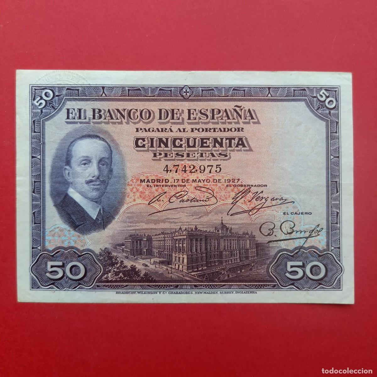Billetes espa&ntilde;oles: SPAIN P71b 50 PESETAS 1927 FELIPE II MBC VERY FINE VF SELLO EN SECO RARISIMO