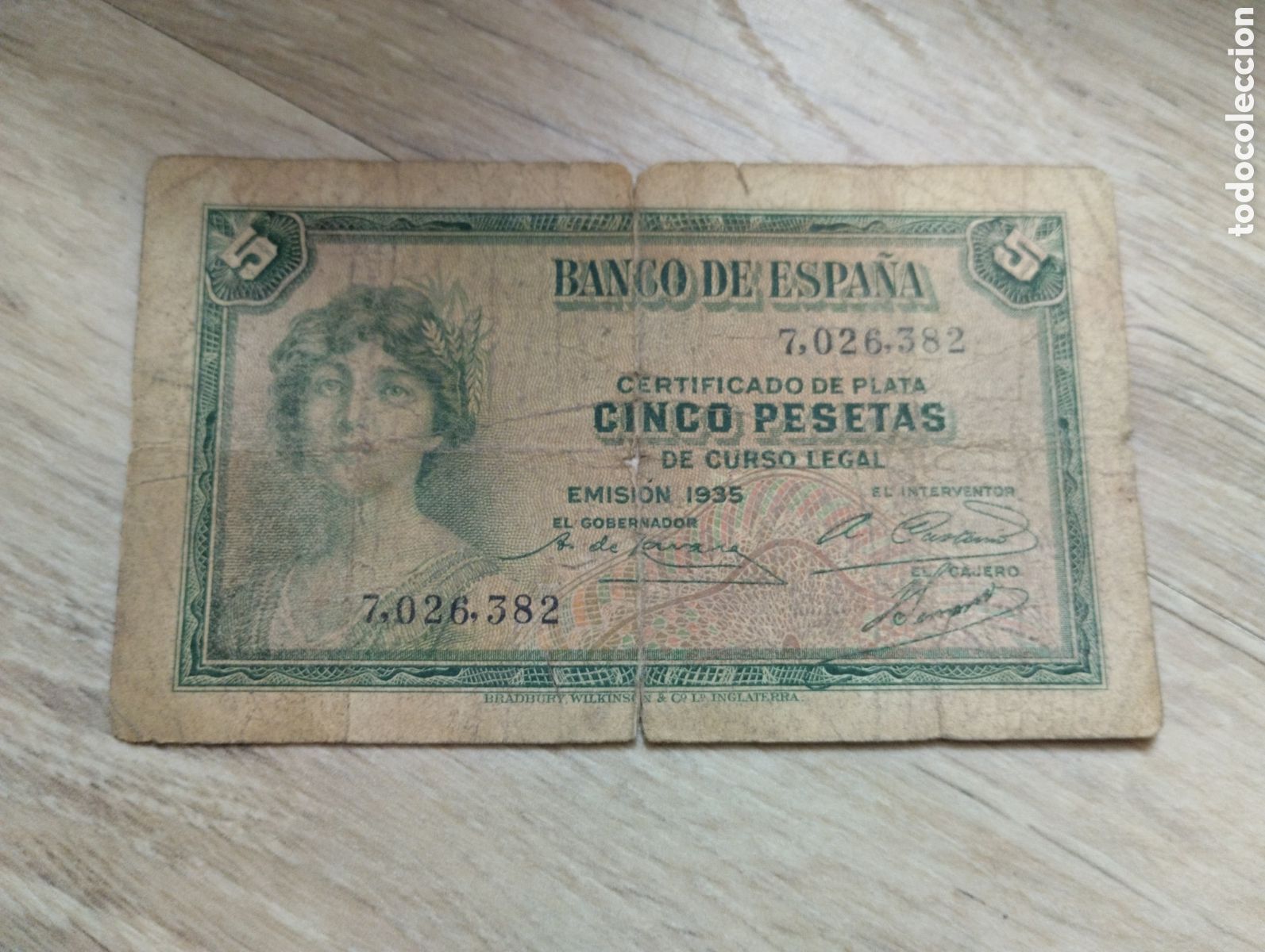 Billetes espa&ntilde;oles: Billete 5 pesetas Espa&ntilde;a emisi&oacute;n 1935 sin serie