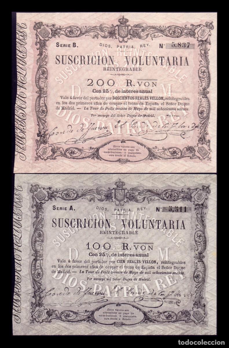 Billetes espa&ntilde;oles: Espa&ntilde;a Carlos VII Pretendiente Set 100 200 Reales Vellon 1870 Ed. A205-A206 Serie A-B Ebc/+ Xf/+