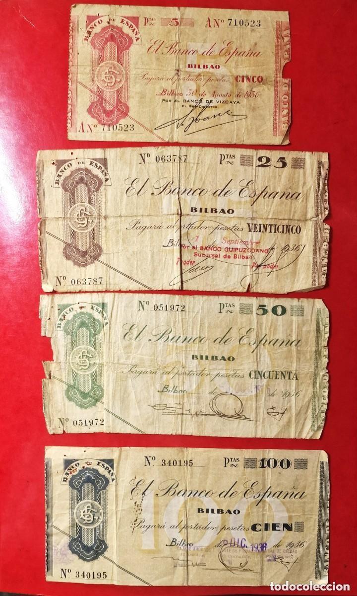 Billetes espa&ntilde;oles: LOTE 4 BILLETES BILBAO DIVERSOS |SOLO ACEPTO PAYPAL| BILLETE 5 25 50 100 PESETAS 1936 LEER DESCRIPCI