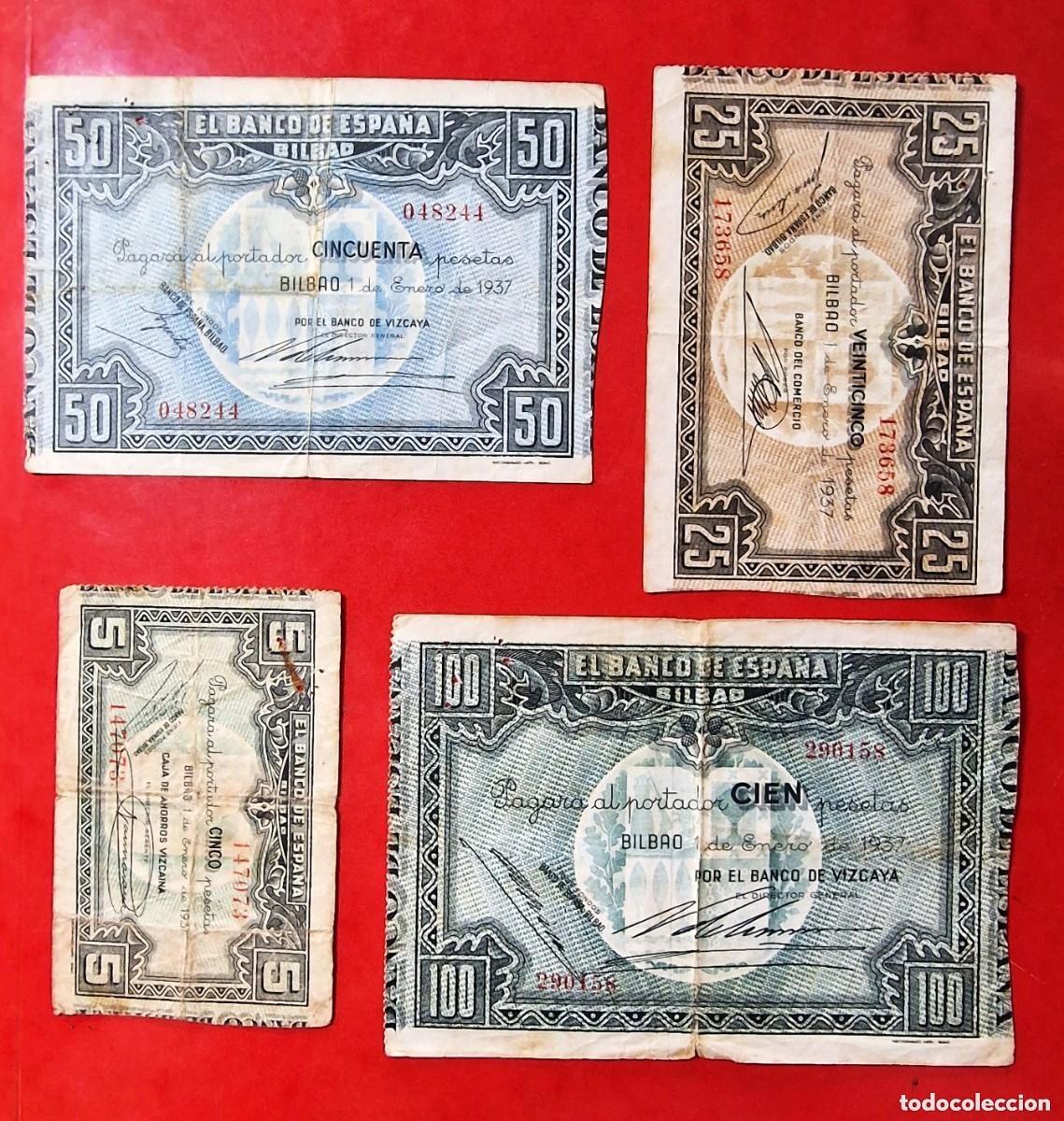 Billetes espa&ntilde;oles: LOTE 4 BILLETES BILBAO DIVERSOS |SOLO ACEPTO PAYPAL| BILLETE 5 25 50 100 PESETAS 1937 LEER DESCRIPCI