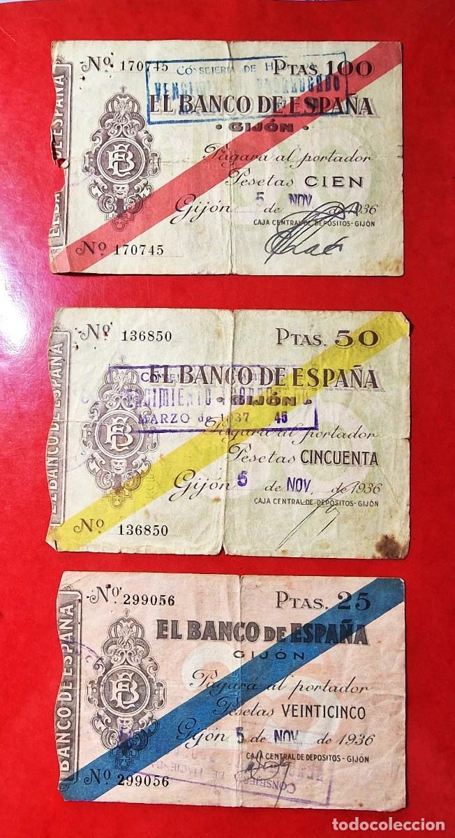 Billetes espa&ntilde;oles: LOTE 3 BILLETES GIJON BUENOS EJEMPLARES |SOLO ACEPTO PAYPAL| BILLETE 25 50 100 PESETAS 1936 LEER