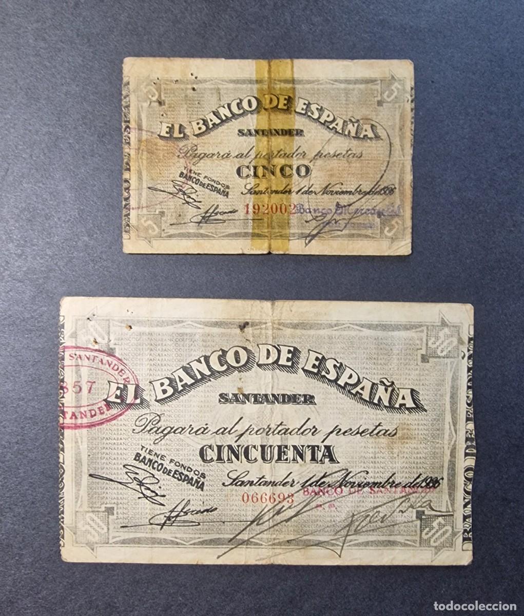 Billetes espa&ntilde;oles: LOTE 2 BILLETES SANTANDER DIVERSOS |SOLO ACEPTO PAYPAL| BILLETE 5 50 PESETAS 1936 LEER DESCRIPCION