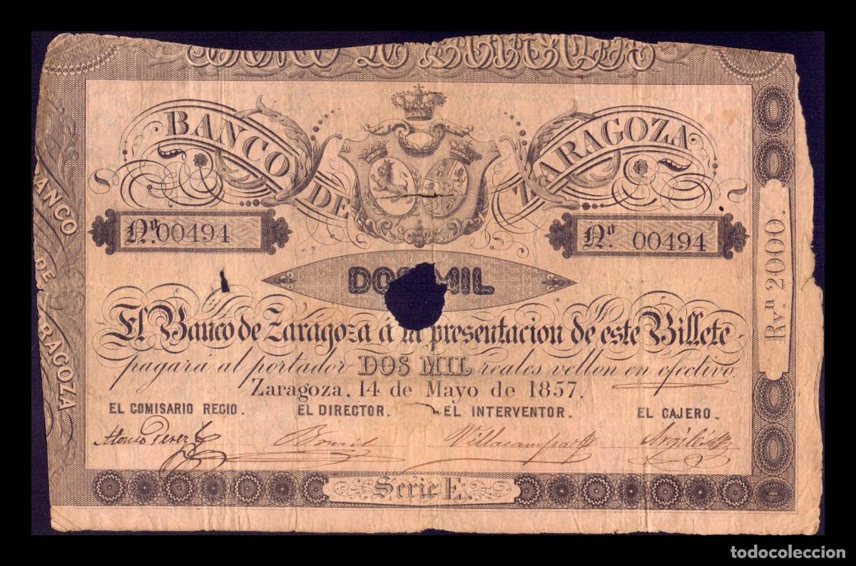 Billetes espa&ntilde;oles: Espa&ntilde;a Banco de Zaragoza 2000 Reales Vellon 1857 Pick S455 Bc F
