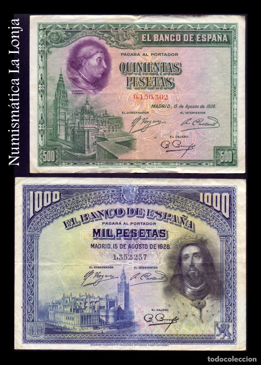 Billetes espa&ntilde;oles: Espa&ntilde;a Set 2 billetes 500 1000 Pesetas 1928 Pick 77 78 Mbc Vf