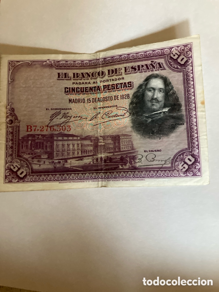 Billetes espa&ntilde;oles: siete 50 Pts 1928 Vel&aacute;zquez