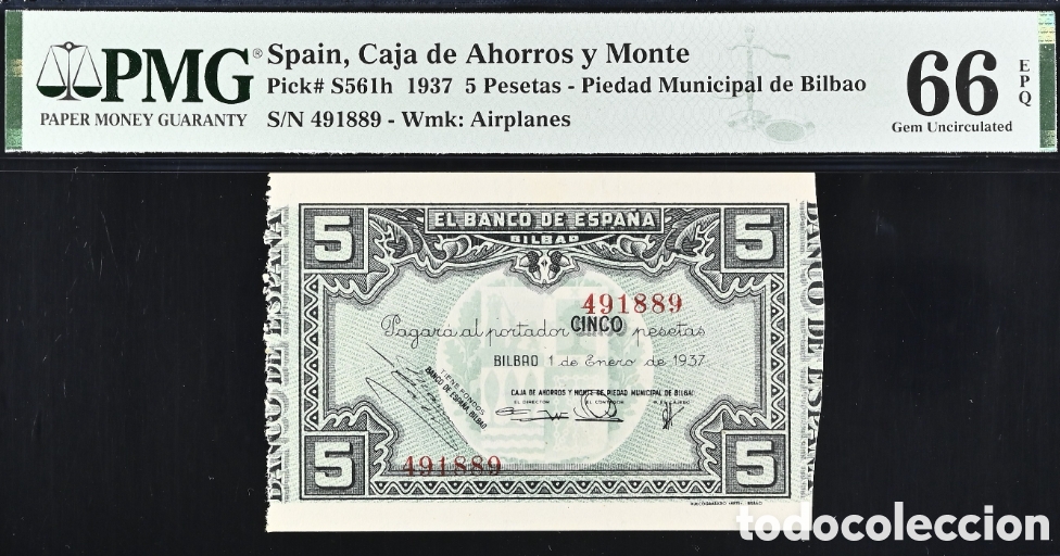 Billetes espa&ntilde;oles: Billete 5 PESETAS 1937 -BILBAO- PMG 66 EPQ, antefirma caja de ahorros y monte de piedad municipal