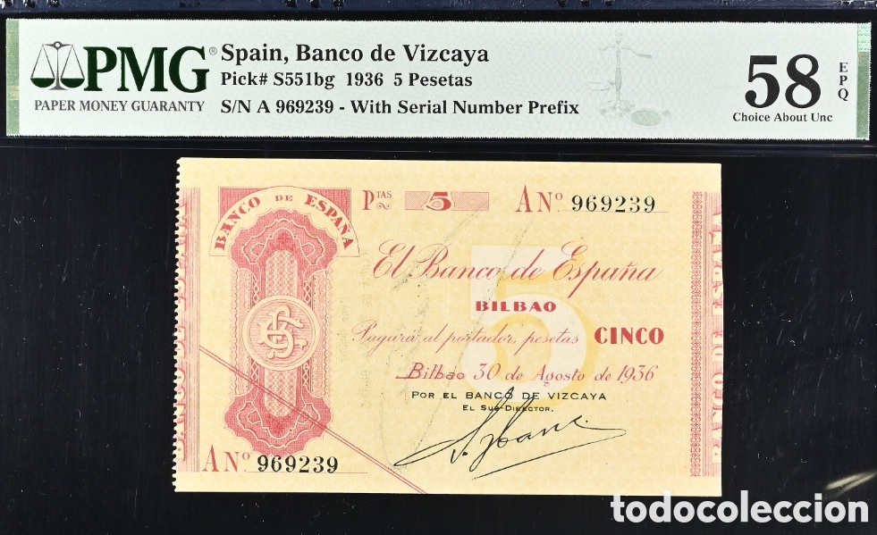 Billetes espa&ntilde;oles: Billete 5 PESETAS 1937 -BILBAO- PMG 58 EPQ, Serie A, antefirma, Banco de Vizcaya