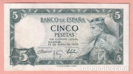 Spanish Banknotes: Edifil: 466. 5 Ptas. de 1954. Sin serie. EBC.