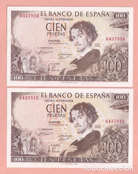 Billetes espa&ntilde;oles: Edifil: 470. 100 Ptas. de 1965. Pareja correlativa. Sin serie. Sin circular.