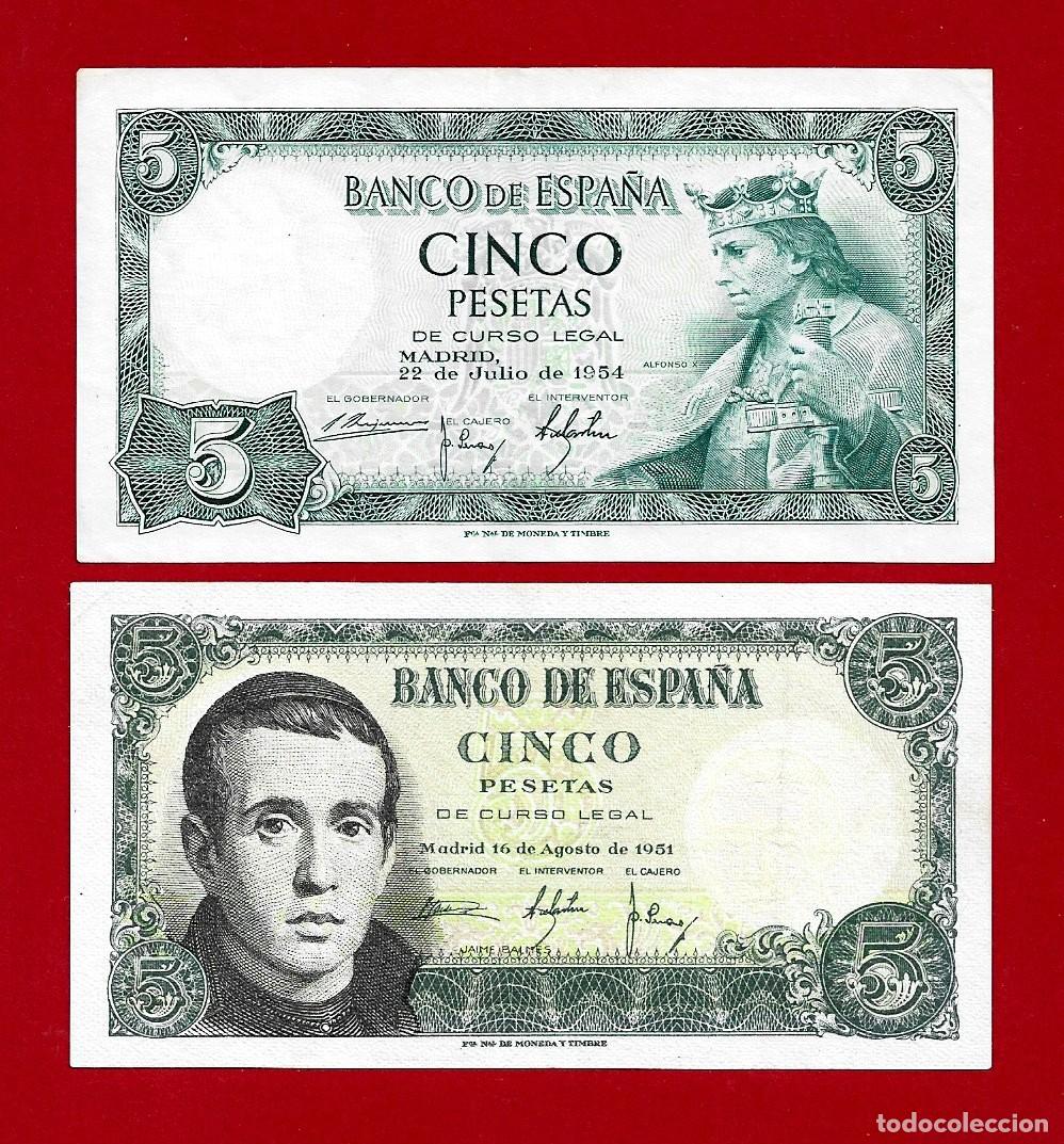 Billetes espa&ntilde;oles: SPAIN 2x 5 PESETAS 1951 Y 1954 SIN CIRCULAR- SC- AUNC SERIES A Y L