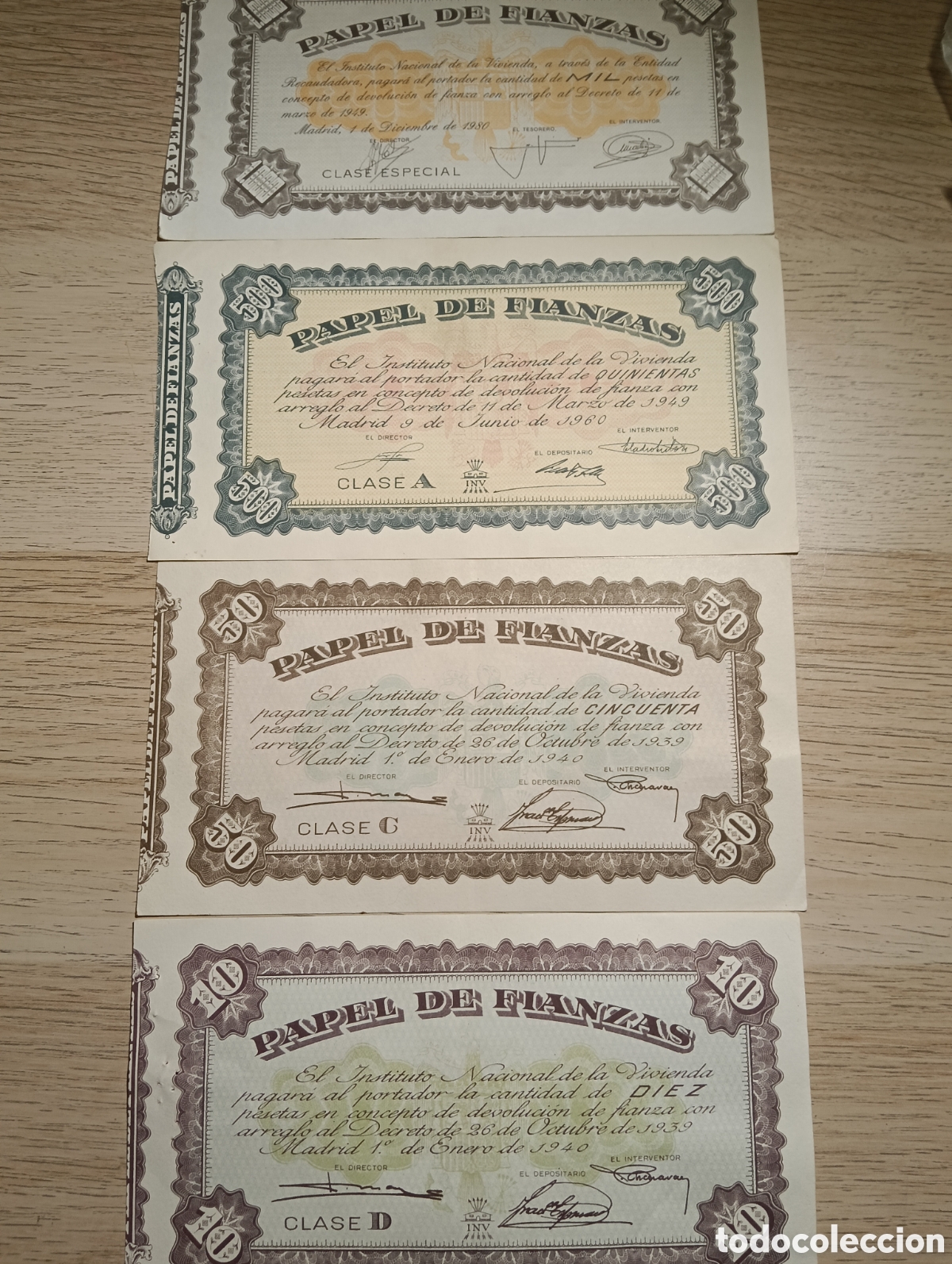 Spanische Banknoten: Papel de Fianzas. 10/50 (1940) 500 (1960) 1000 (1980)