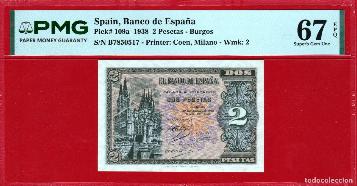 Billetes espa&ntilde;oles: 2 Pesetas, 1938, ''Burgos'' PMG 67EPQ