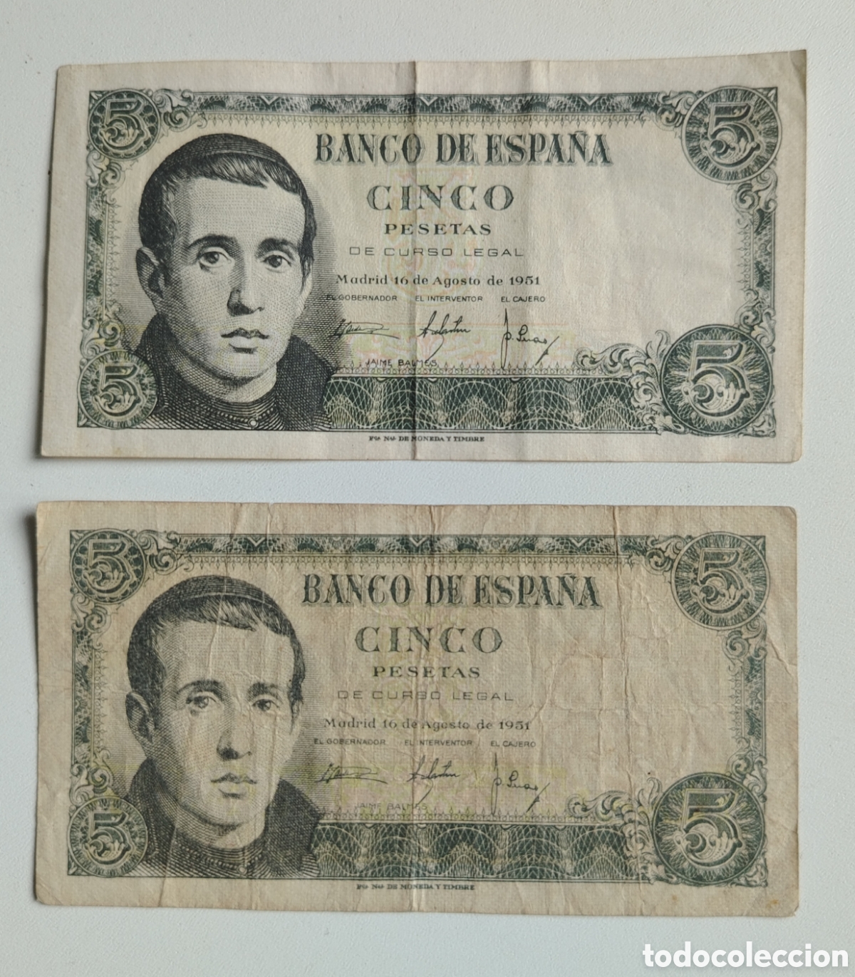 Billetes espa&ntilde;oles: 2 billetes de 5 pesetas 1951