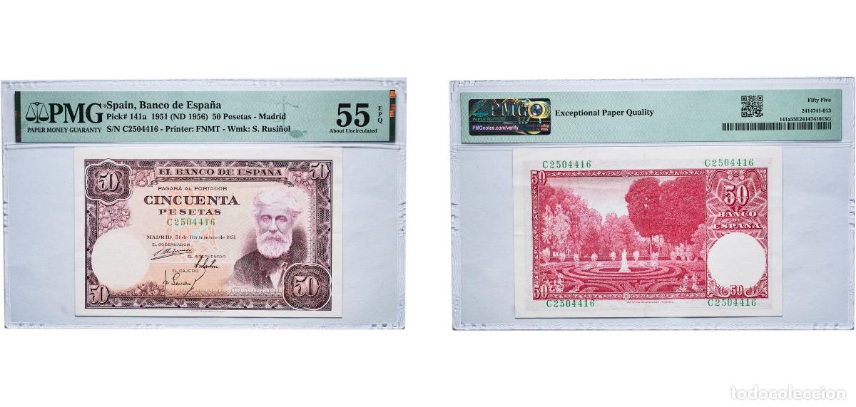 Billetes espa&ntilde;oles: Spain Kingdom 1951 (ND 1956) 50 Pesetas -Madrid Paper (69500000) PMG About Uncirculated 55 EPQ P 14