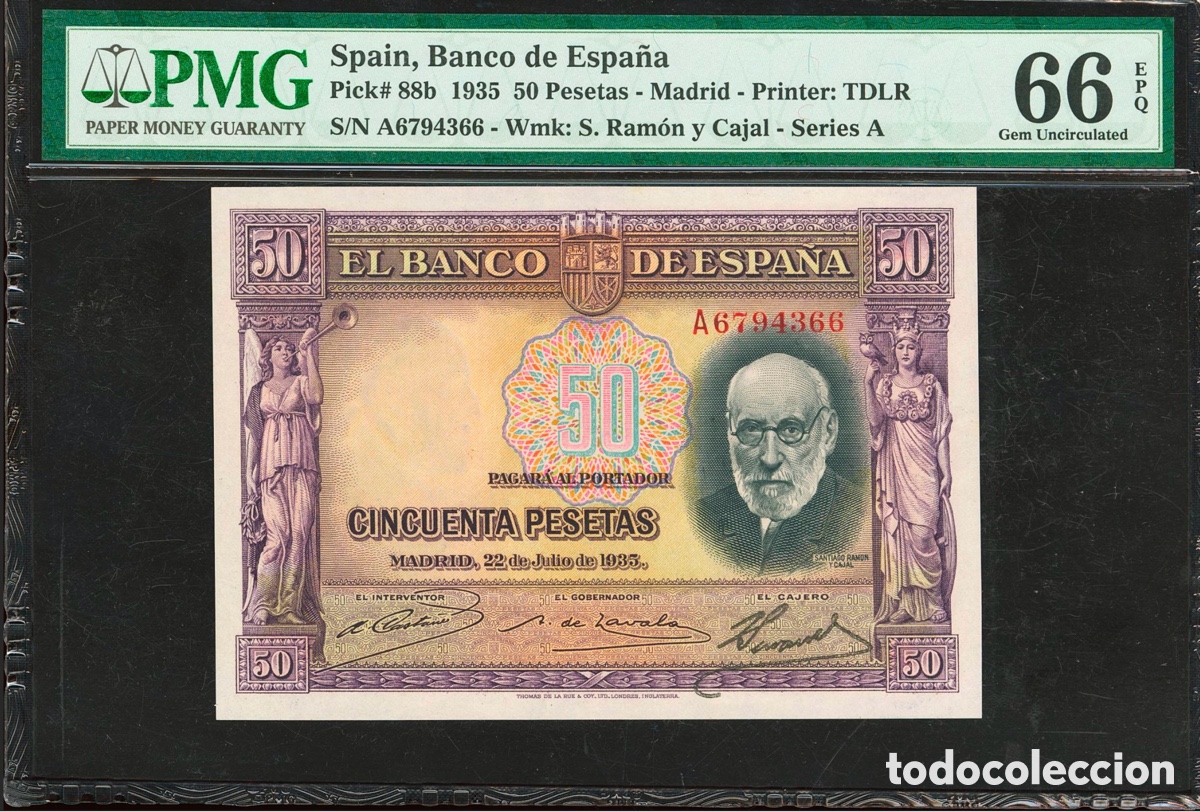 Billetes espa&ntilde;oles: Billete 50 Pesetas 1935 PMG 66 Serie A