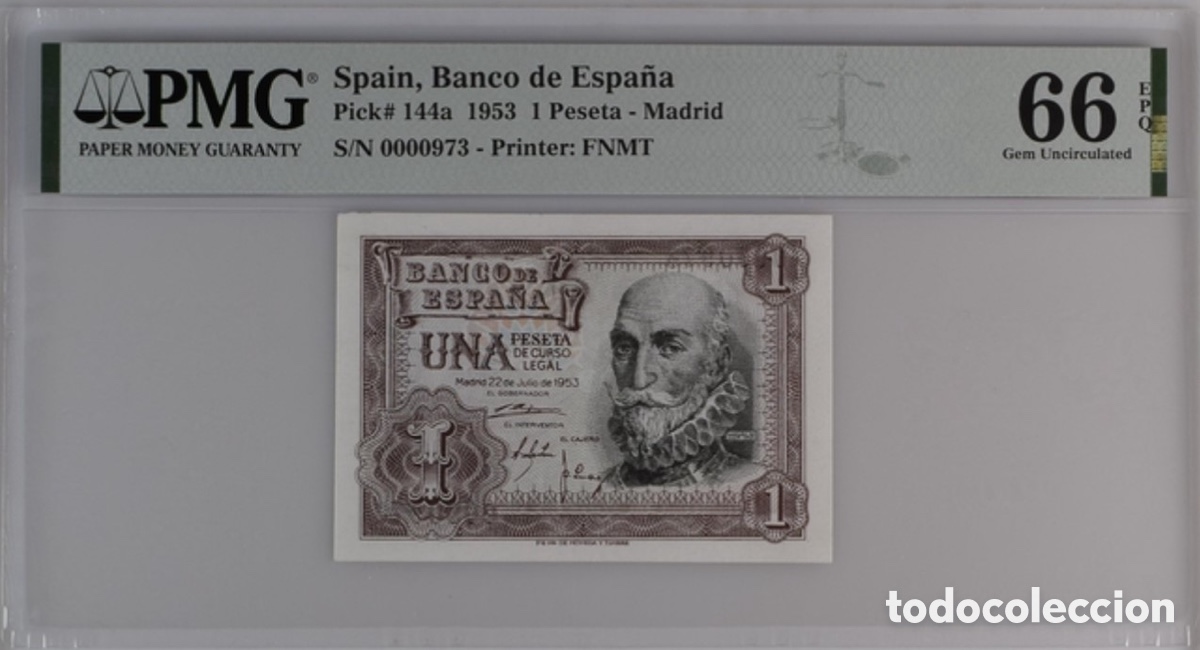 Billetes espa&ntilde;oles: Billete 1 Peseta 1953 PMG 66 Sin Serie N&uacute;mero Bajo