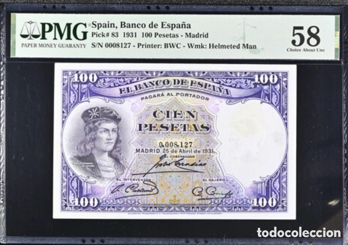 Billetes espa&ntilde;oles: Billete 100 Pesetas 1931 PMG 58 N&uacute;mero Bajo