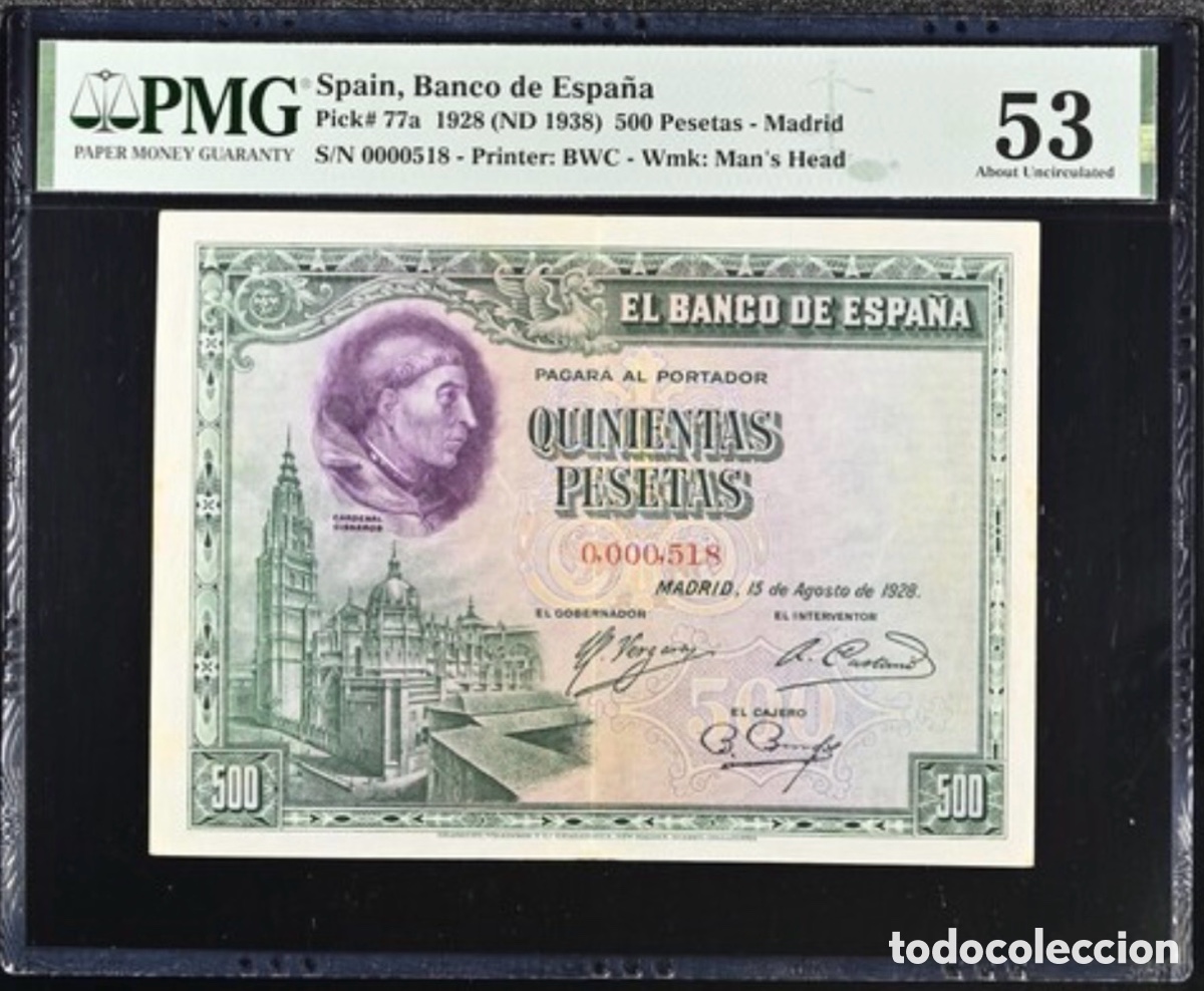 Billetes espa&ntilde;oles: Billete 500 Pesetas 1928 PMG 53 N&uacute;mero Bajo