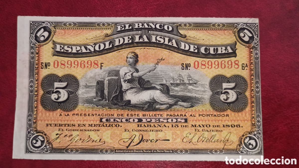 Billets espagnols: BANCO ESPA&Ntilde;OL DE CUBA 1896 - 5 PESOS FUERTES - PLATA - BILLETE ORIGINAL