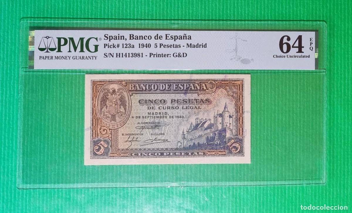 Billetes espa&ntilde;oles: ESTADO ESPA&Ntilde;OL PRECIOSO PMG 64 EPQ |SOLO ACEPTO PAYPAL| BILLETE 5 PESETAS 1940 LEER DESCRIPCION
