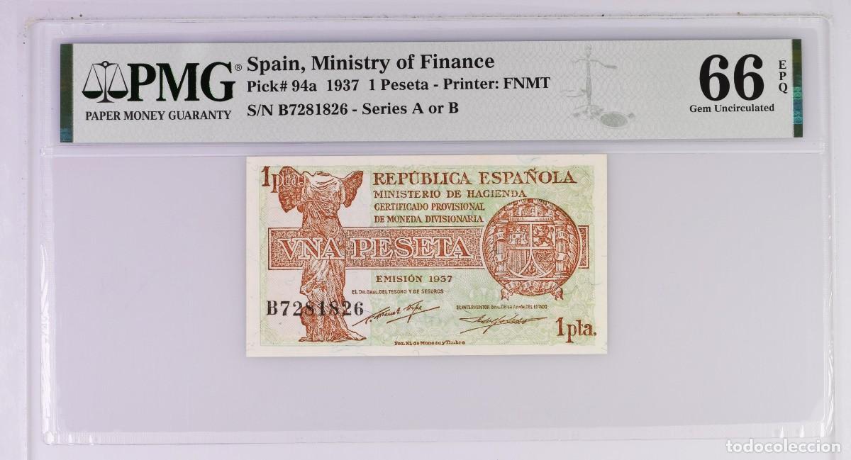 Billetes espa&ntilde;oles: REPUBLICA ESPA&Ntilde;A PRECIOSO PMG 66 EPQ |SOLO ACEPTO PAYPAL| BILLETE 1 PESETA 1937 LEER DESCRIPCION