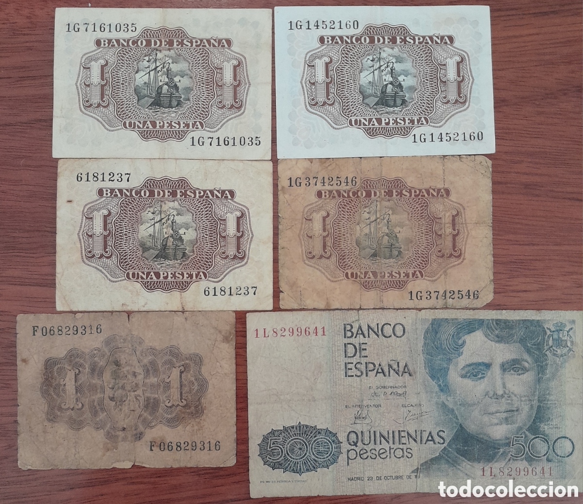 Billetes espa&ntilde;oles: Lote 6 Billetes Espa&ntilde;a (1948-1979) - Rosal&iacute;a de Castro, Dama de Elche y &Uacute;ltima Serie 1G