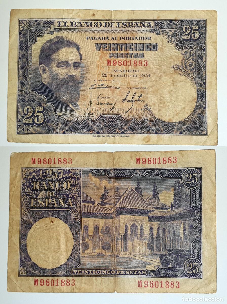 Billetes espa&ntilde;oles: Espa&ntilde;a 25 Pesetas 1954 Isaac Alb&eacute;niz &ndash; Madrid 22 de Julio de 1954
