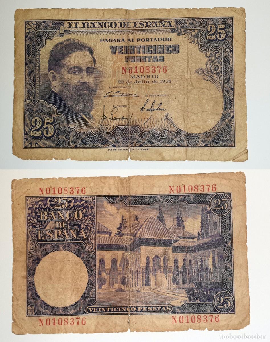 Billetes espa&ntilde;oles: Espa&ntilde;a 25 Pesetas 1954 Isaac Alb&eacute;niz &ndash; Serie N &ndash; Madrid