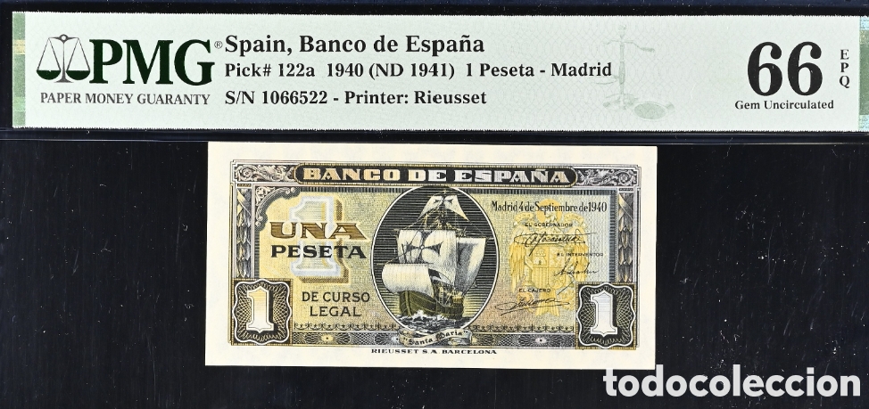 Billetes espa&ntilde;oles: Billete 1 PESETA 1940 -CARABELA- PMG 66 EPQ, sin serie