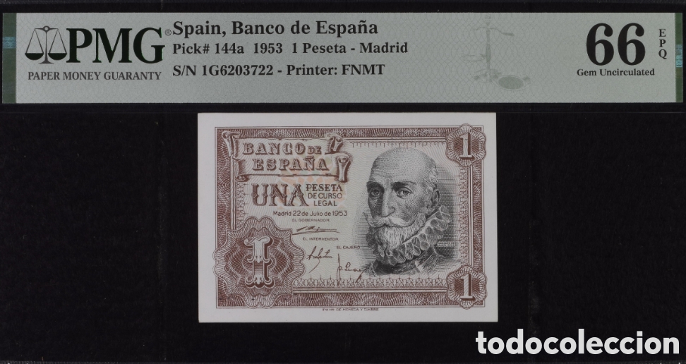 Billetes espa&ntilde;oles: Billete 1 PESETA 1953 -ALVARO de BAZAN- PMG 66 EPQ, serie 1 G, &uacute;ltima serie emitida