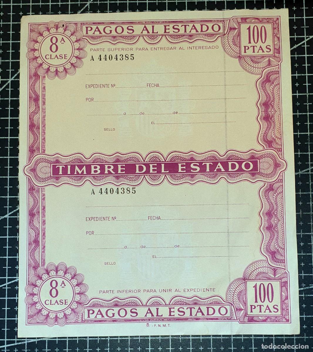 Billetes espa&ntilde;oles: ESPA&Ntilde;A &ndash; PAPEL DE PAGOS AL ESTADO &ndash; 100 PESETAS &ndash; 8&ordf; CLASE &ndash; FNMT &ndash; SERIE A &ndash; A4404385