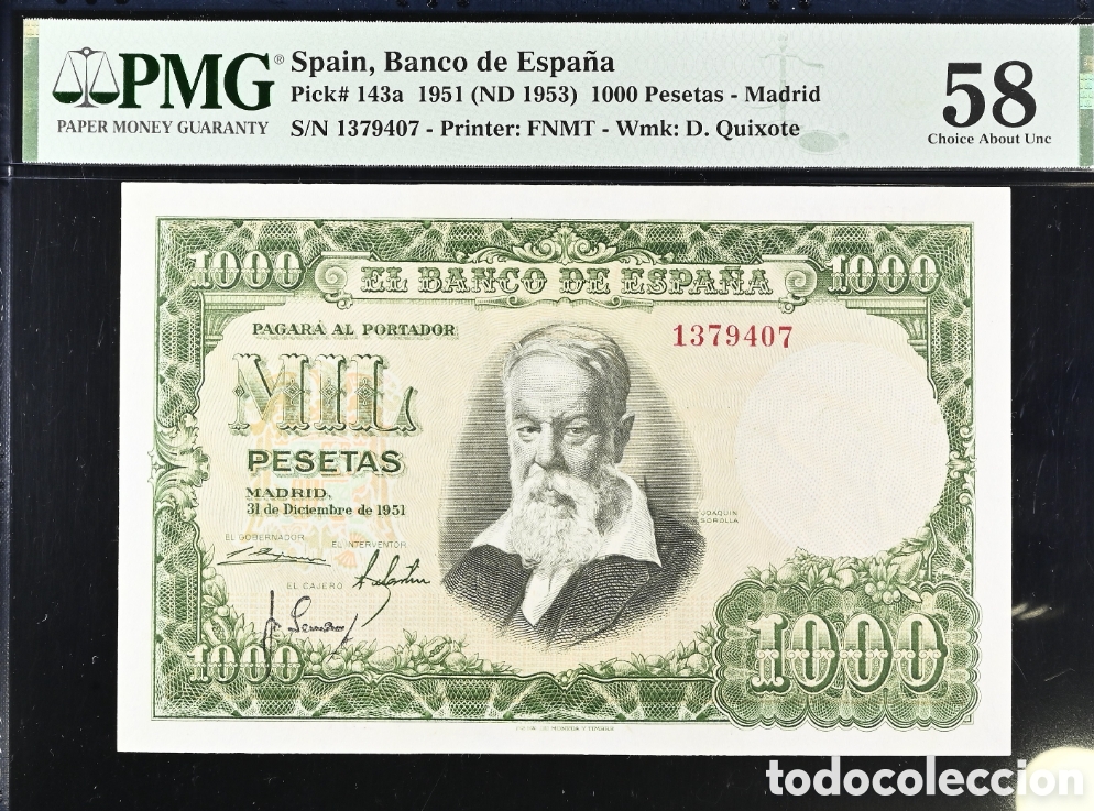 Billetes espa&ntilde;oles: Billete 1000 PESETAS 1951 -SOROLLA- PMG 58, sin serie