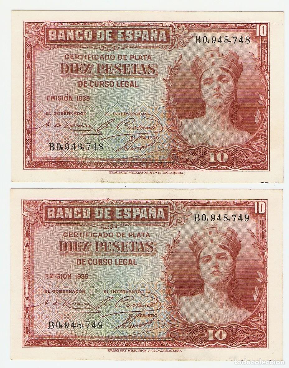 Billetes espa&ntilde;oles: DOS BILLETES CORRELATIVOS 10 PESETAS CERTIFICADO DE PLATA EMISION 1935