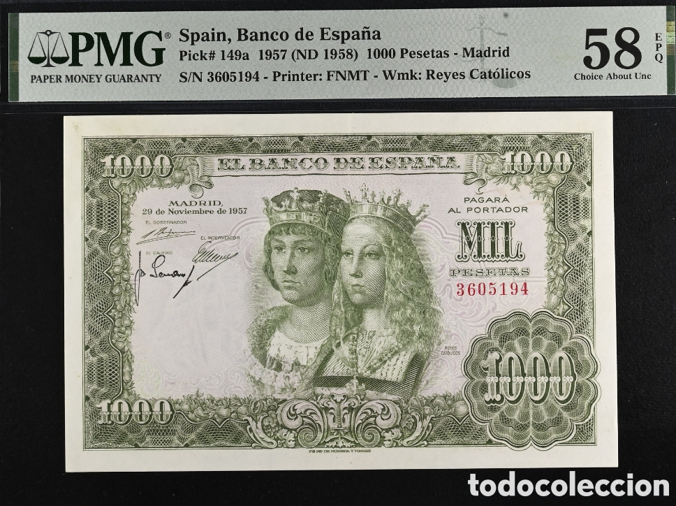 Billetes espa&ntilde;oles: Billete 1000 PESETAS 1957 -REYES CAT&Oacute;LICOS- PMG 58 EPQ, sin serie